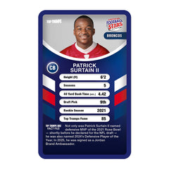 American Football Stars 2026 Top Trumps Specials Card Game featuring Patrick Surtain II stats and info.