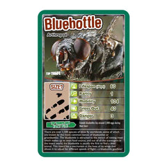 Bugs Top Trumps Card Game Bluebottle card highlighting lifespan, rarity, and mobility statistics.