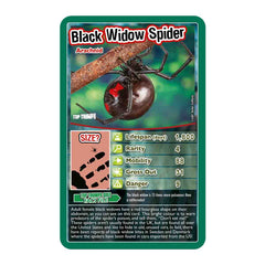 Black Widow Spider card from Bugs Top Trumps Card Game featuring stats and facts about this arachnid.