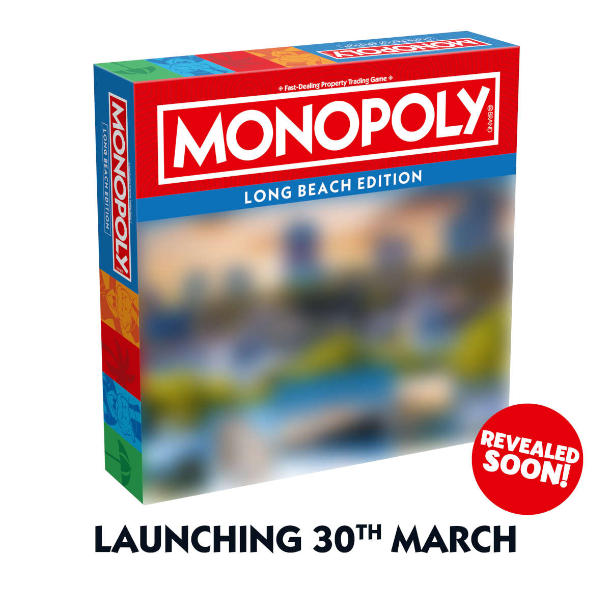 Long Beach, CA Monopoly Board Game box design with announcement for launching on March 30th.