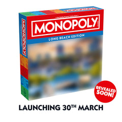 Long Beach, CA Monopoly Board Game box design with announcement for launching on March 30th.