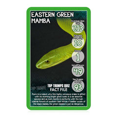 Eastern Green Mamba Top Trumps card from the Snakes Top Trumps Card Game featuring stats and facts.