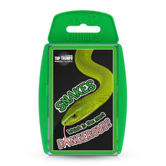 Snakes Top Trumps Card Game packaging featuring a green snake and the question "Which is the most dangerous?"