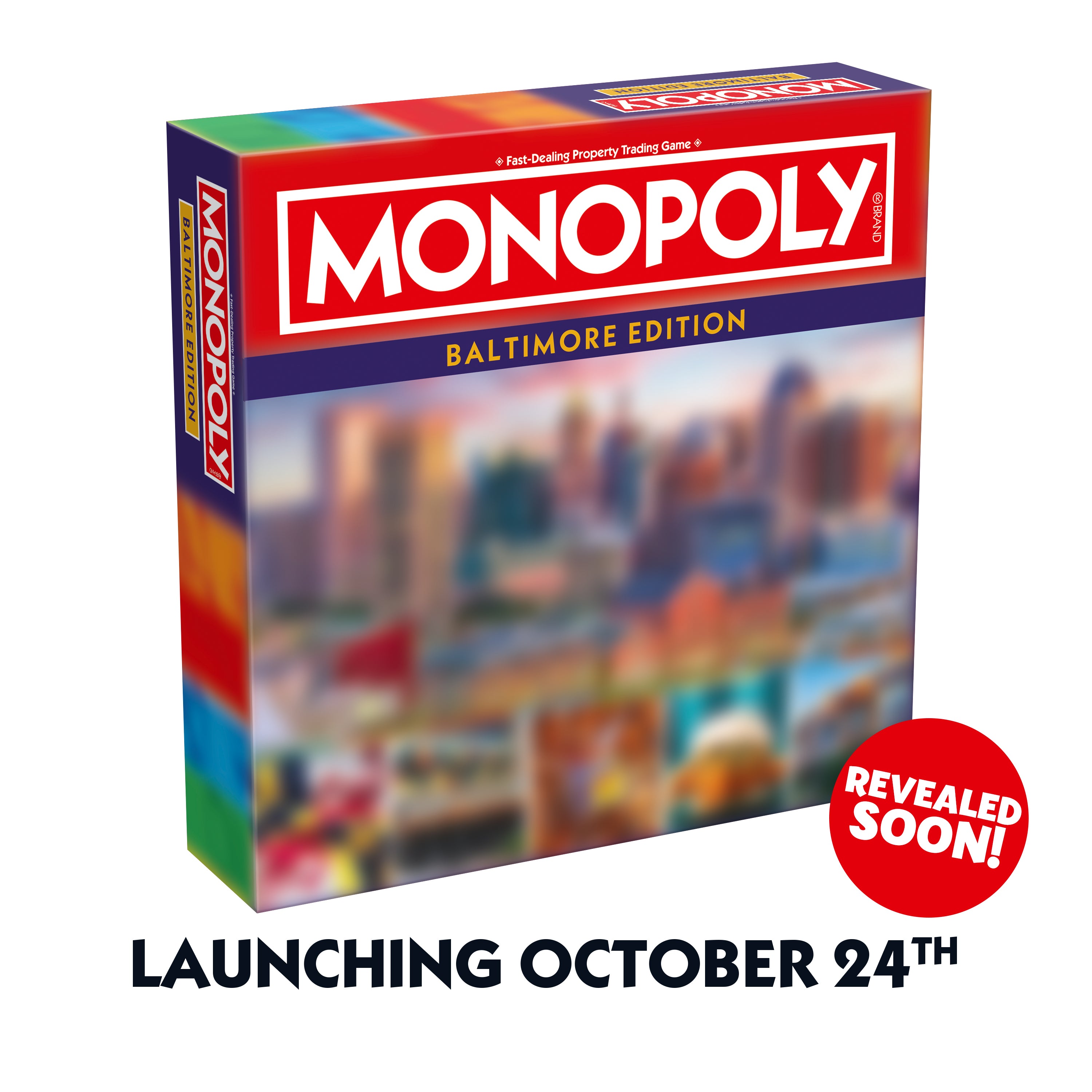 Baltimore, MD Monopoly Board Game box with colorful design and launch date announcement.