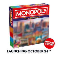 Baltimore, MD Monopoly Board Game box with colorful design and launch date announcement.
