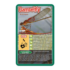 Bugs Top Trumps Card Game - Damselfly card featuring stats like lifespan, rarity, and mobility.