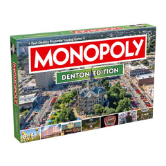 Monopoly Denton Edition board game box featuring downtown Denton, Texas, with local landmarks and attractions depicted.