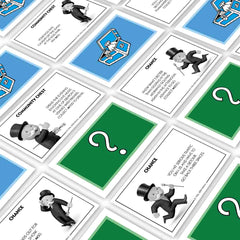 Monopoly chance and community chest cards for Denton, TX edition game with green and blue backgrounds.