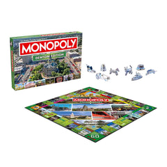 Denton TX Monopoly Board Game with custom pieces and vibrant game board highlighting local landmarks.