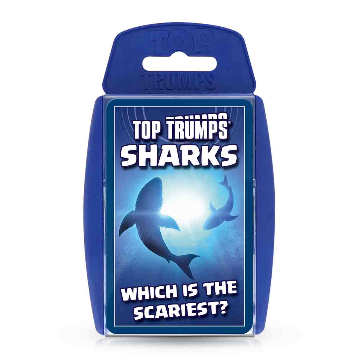 Sharks Top Trumps Card Game featuring the question 'Which is the scariest?' on the card design.