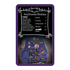 Nightmare Before Christmas Top Trumps Card Game - Jack Presents Christmas card showcasing spooky and holiday spirit categories.