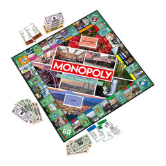 Portland, OR Monopoly Board Game featuring iconic landmarks and colorful game pieces.
