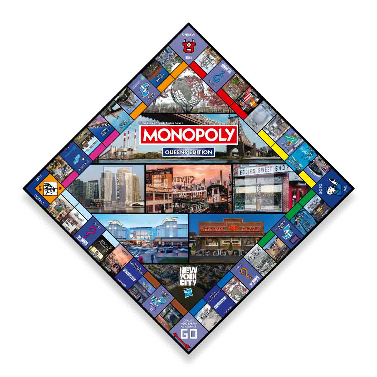 Queens, NY Monopoly Board featuring iconic landmarks and colorful properties in a special edition board game.