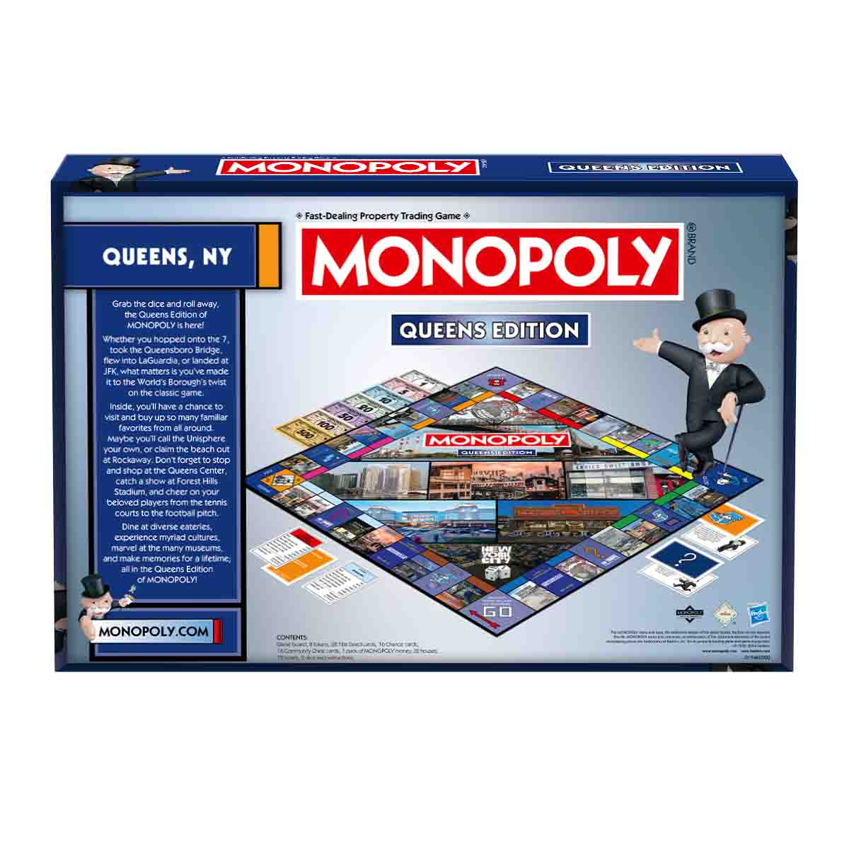 Monopoly Queens Edition board game showcasing iconic Queens, NY landmarks and unique elements on the game box.