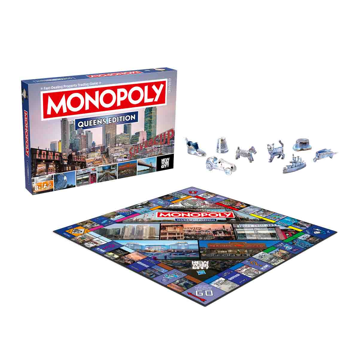 Queens NY Monopoly Board Game box and game pieces with iconic landmarks.