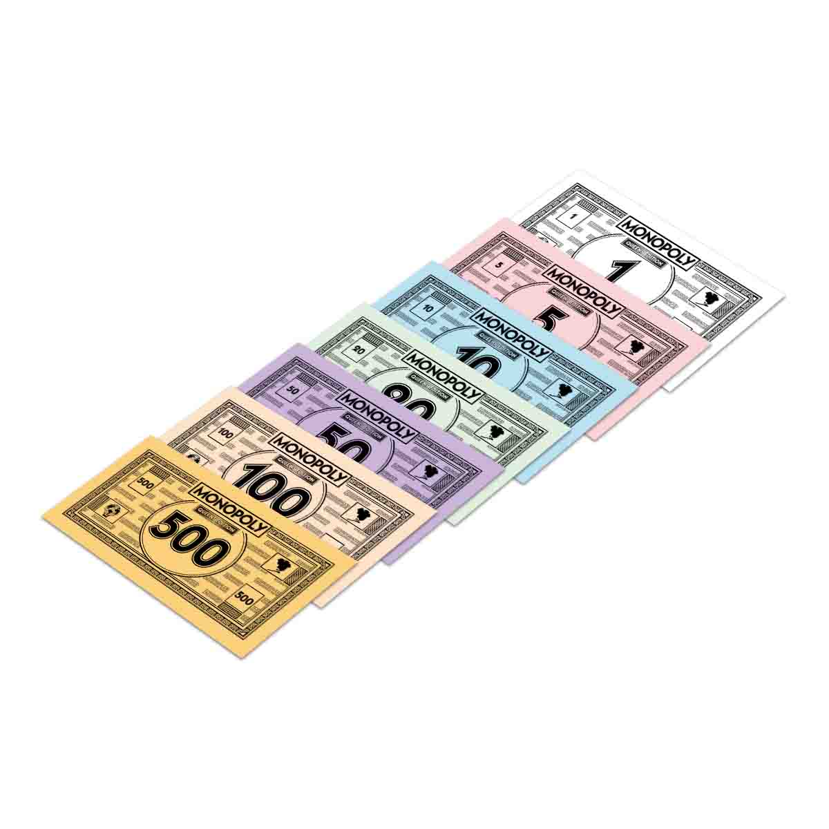 Monopoly game money in various denominations stacked in a fan layout