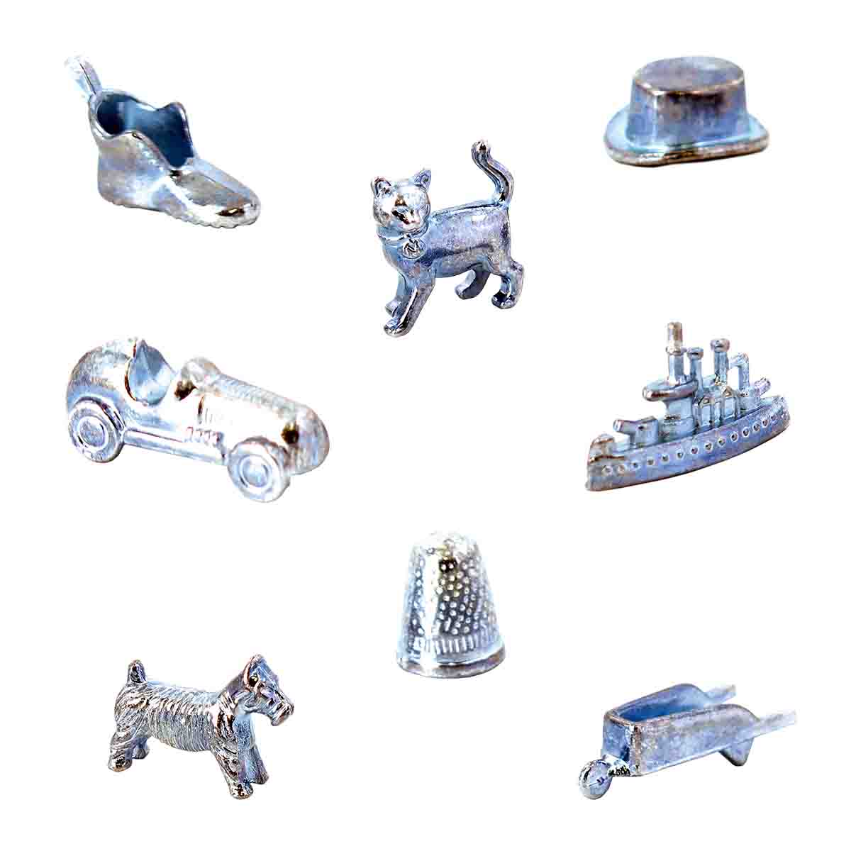 Classic Monopoly game tokens including car, top hat, dog, cat, thimble, wheelbarrow, shoe, and battleship on white background.