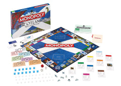 Scotland Monopoly Board Game set with pieces, cards, and scenic board design.