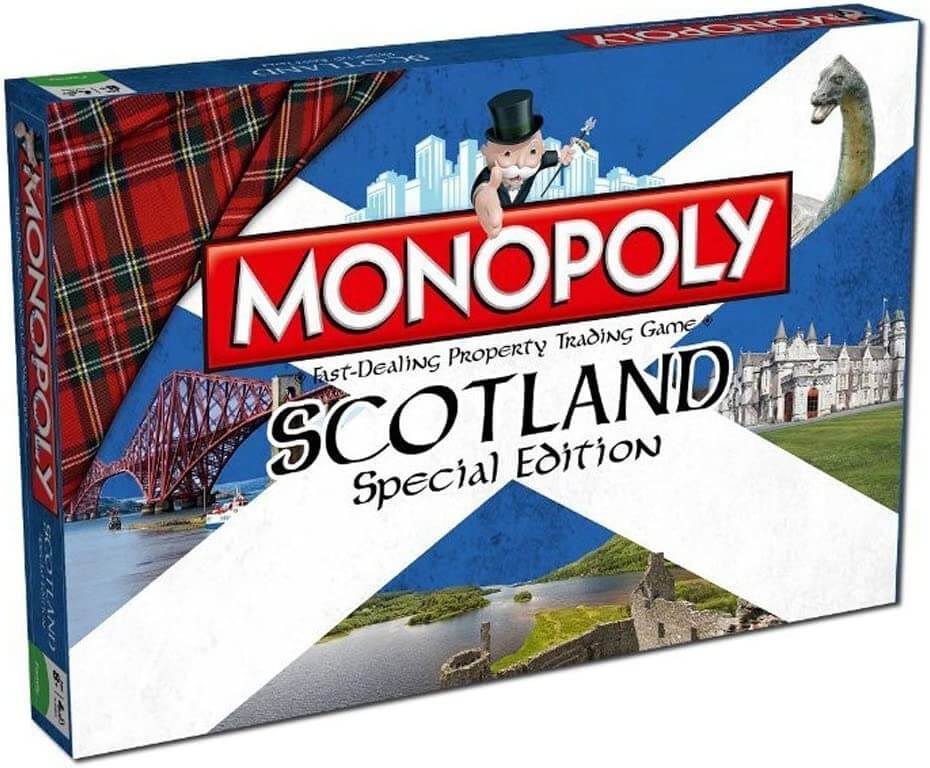 Scotland Monopoly Board Game with iconic landmarks and tartan design on the box for a cultural adventure experience.