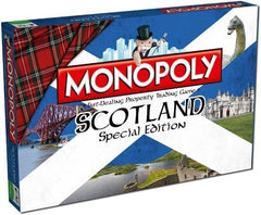 Scotland Monopoly Board Game with iconic landmarks and tartan design on the box for a cultural adventure experience.